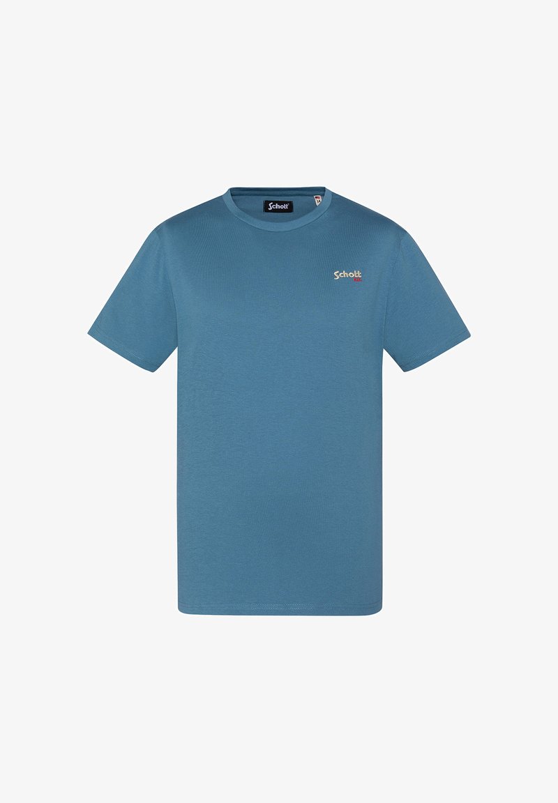 T-shirt di cotone blu con maniche corte, collo rotondo e un piccolo logo rosso e giallo sul petto. Tessuto liscio, vestibilità regolare.