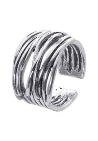 Silver-toned ring featuring intertwining wires with a textured finish, open-ended design, and smooth inner surface.
