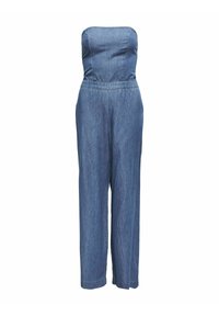 Salopette en denim avec un bustier sans bretelles, taille cintrée et pantalon à jambes larges. Le matériau est un denim bleu clair avec une texture lisse.