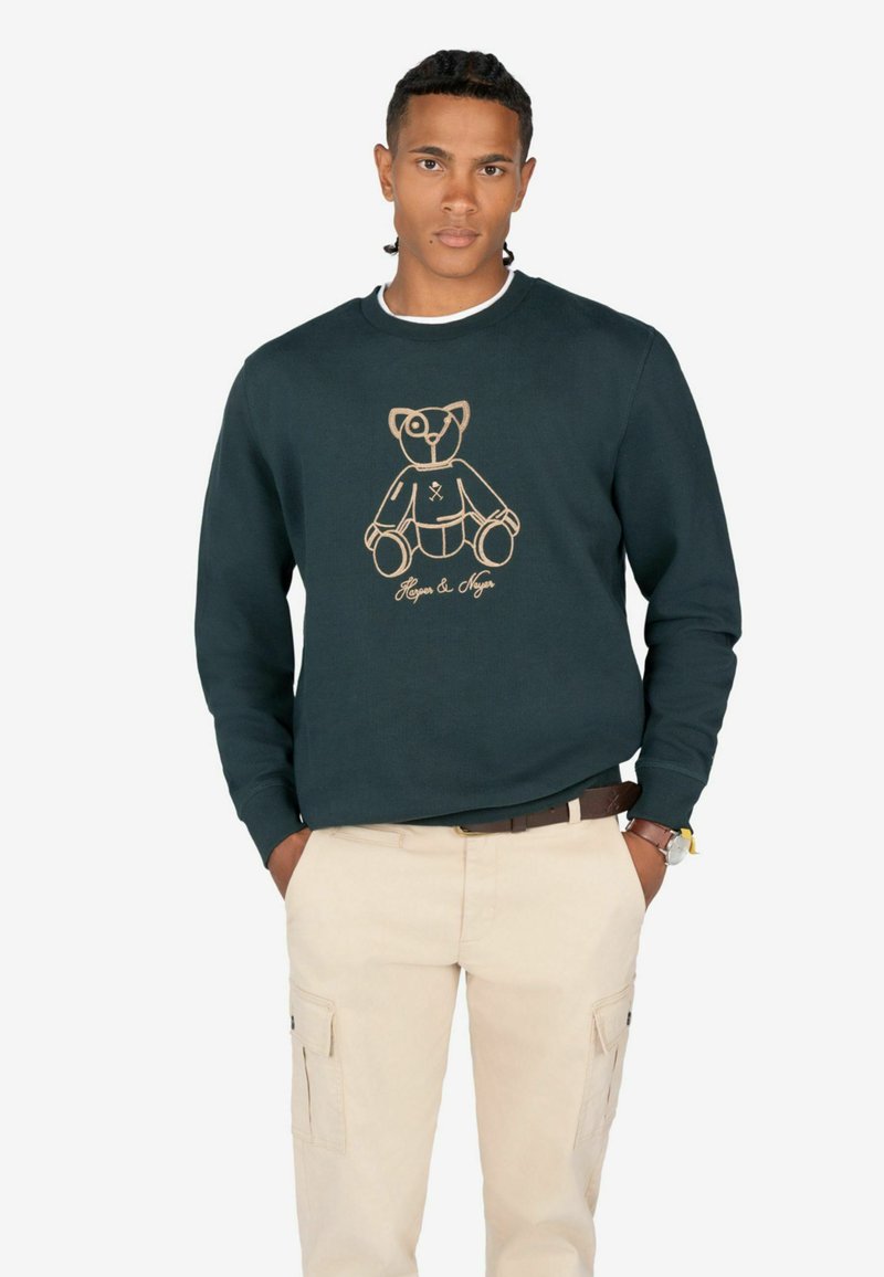 Donkergroene sweatshirt met een berenafbeelding in gouden borduurwerk in het midden. Gemaakt van een katoenmix met ribbelmanchetten en -zoom.