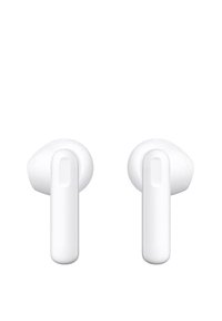 Weiße kabellose Ohrhörer mit abgerundeten Spitzen, glatter Oberfläche und verlängerten Stielen. Verfügen über einen einzelnen Knopf an jedem Stiel für die Steuerung.