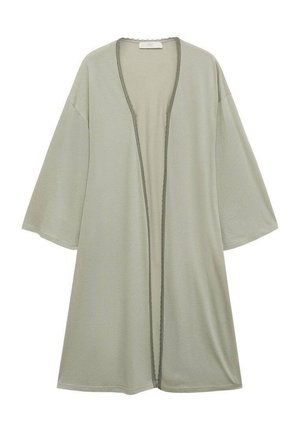 Svetlo zelena kimono-stil halja, izdelana iz mehke tkanine, s širšimi rokavi, odprtim sprednjim delom in kontrastnim teksturiranim robom ob robovih.