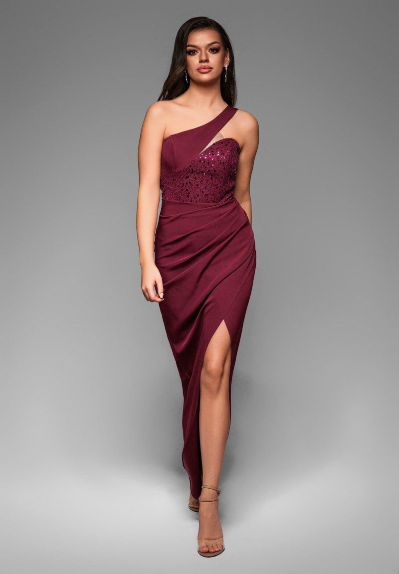 embellished burgundy dress WEDTREND Women Burgundy Formal Dress with Streamer One Shoulder Ruched Long  Wedding Guest Dress main image 0