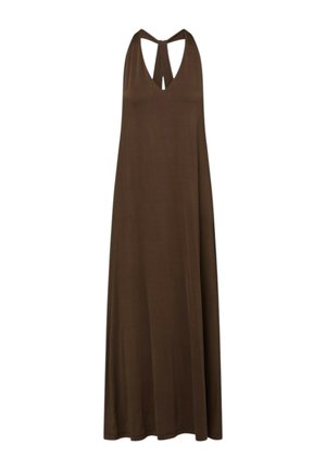 Vestito lungo marrone senza maniche con profondo scollo a V e spalline larghe che formano una forma a T sulla schiena.
