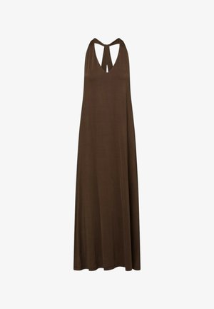 Vestito lungo marrone senza maniche con profondo scollo a V e spalline larghe che formano una forma a T sulla schiena.