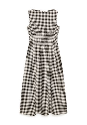 Robe sans manches en vichy noir et blanc, coupe trapèze, taille froncée et ourlet à hauteur du genou.
