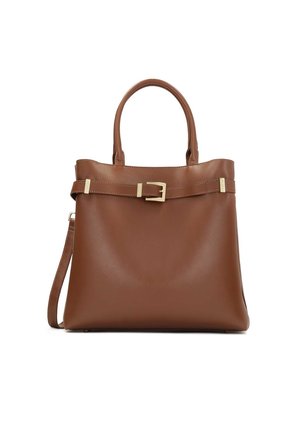 Braune Leder-Totebag mit polierter Oberfläche, ausgestattet mit zwei Griffen und einem abnehmbaren Schulterriemen, verziert mit einem Gürtel-Detail in Goldoptik.