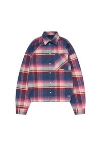 Camicia a maniche lunghe a quadri nelle tonalità di blu navy, rosa e grigio, con colletto button-down e taschino sul petto con motivo a scacchi.