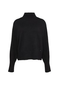 Schwarzer, langärmeliger Strickpullover mit hohem Kragen und überschnittenen Schultern, mit einem kleinen metallischen Logodetail nahe dem Saum.