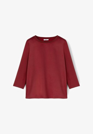 Rode lange mouwen top van gladde stof, met een ronde hals en een losse pasvorm. Eenvoudig ontwerp zonder extra patronen of versieringen.