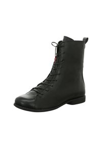 Schwarze Leder-Ankle-Boots mit glatter Textur, abgerundeter Spitze und Schnürung vorne. Verfügt über eine Ziehlasche hinten und eine niedrige, flache Sohle.