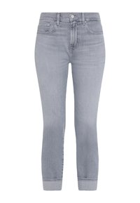 Jeans en denim gris présentant un design ajusté, une taille mi-haute et une longueur raccourcie avec un ourlet retourné. Texture lisse et style classique à cinq poches.