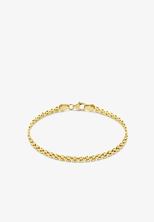 Gouden armband met in elkaar grijpende schakels met een gladde afwerking, vastgezet met een kreeftenslot, met een eenvoudig en elegant ontwerp.