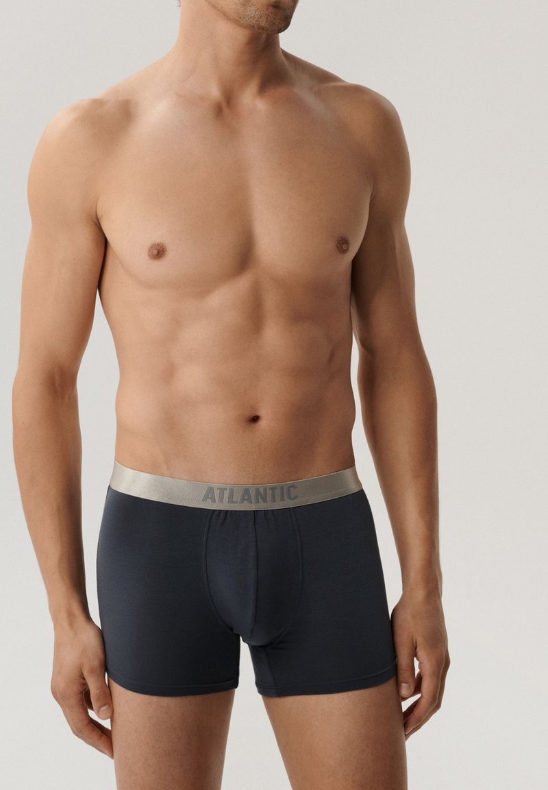 Ciemnoniebieskie slipy z szerokim, srebrnym pasem, na którym znajduje się logo "ATLANTIC". Materiał wygląda na gładki i dobrze dopasowany, podkreślający kontury ciała.