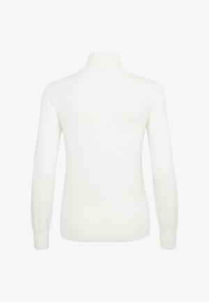 Valge, pika varrukaga kampsun kõrge kraega. Omaduseks on sile tekstuur ning soonilised mansetid ja ääris. Tagantvaade näitab istuvat siluetti.