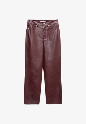 Weinrote Leder-Hosen mit weitem Bein, die über eine glatte Textur, ein Fünf-Taschen-Design, einen Knopfverschluss und Gürtelschlaufen verfügen.