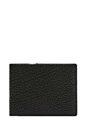 Black textured leather zippered pouch with a visible silver zipper pull, rectangular and flat on a white background.