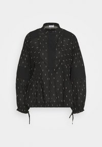 Blusa nera con maniche a sbuffo, caratterizzata da un colletto alto, una parte frontale plissettata e un sottile motivo rosa su tutto il tessuto. I polsini elastici completano il design.