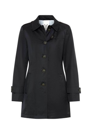 Black mid-length trench coat with button closure, collar, and buttoned cuff straps shown on a white background.