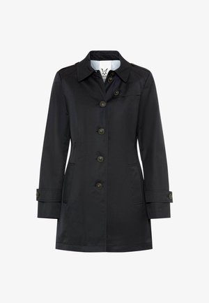Black mid-length trench coat with button closure, collar, and buttoned cuff straps shown on a white background.