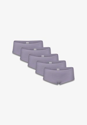 Vijf lavendel vrouwen hipster onderbroeken netjes gestapeld, elk met een klein merkembleem in het midden van de tailleband.