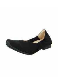 Schwarze Wildleder-Ballettschuhe mit runder Zehenpartie, niedrigem Absatz und einem Cut-Out-Detail an der Vorderseite. Weiches Innenfutter und flexible Gummisohle.