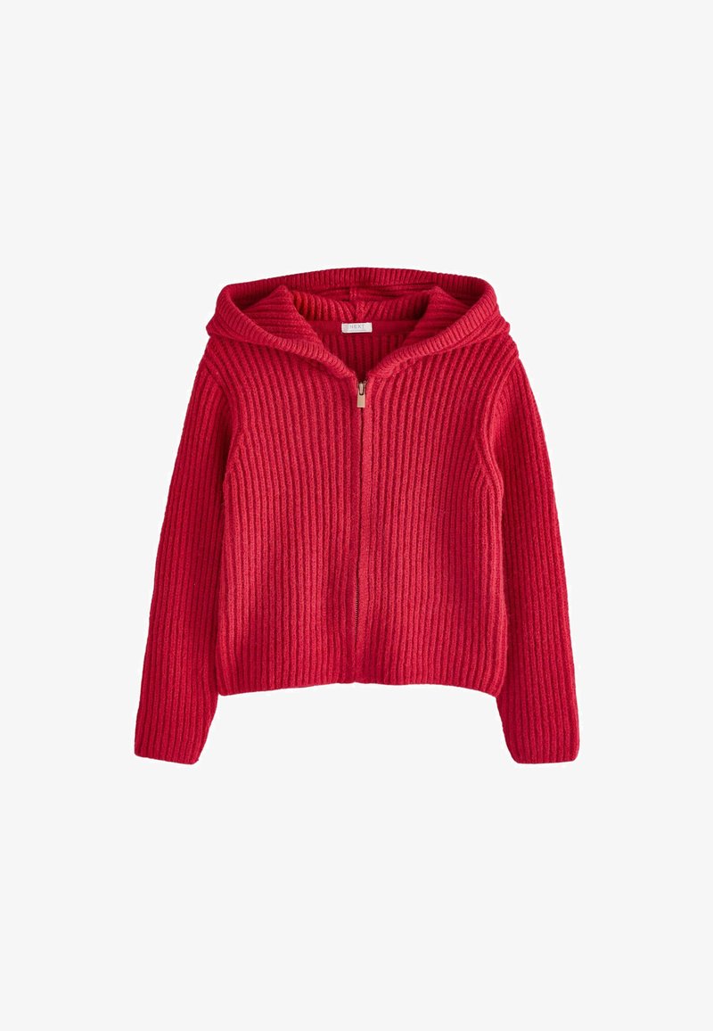 Haut à capuche tricoté rouge avec fermeture éclair sur le devant, texture côtelée, manches longues et large col. Matériau léger, adapté à un usage décontracté.