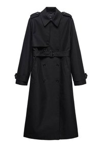 Czarny trencz wykonany z gładkiej tkaniny, z podwójnym zapięciem na guziki, regulowanym paskiem, pagonami i bocznymi kieszeniami.