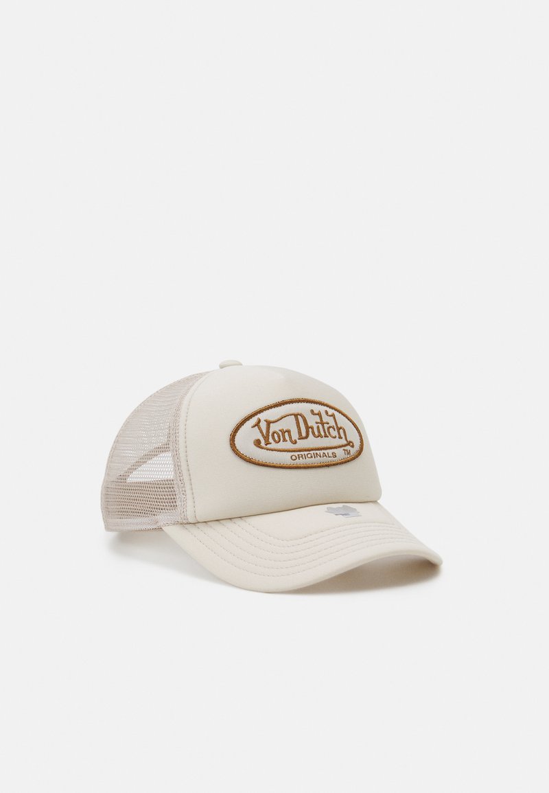 Bežna kapa s mrežnim zadnjim delom, z rjavim vezenim logotipom, označenim z "Von Dutch Originals" na sprednji strani. Ukleščen rob.