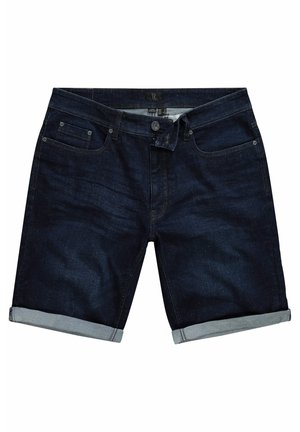 Dunkelblaue Denim-Shorts mit umgeschlagenem Saum, fünf Taschen, Knopfverschluss und dezenten Nähdetails. Glatte Textur und klassisches Design.