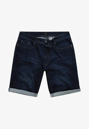 Mørke denimshorts med opkuperet kant, der har fem lommer, knaplukning og diskrete syninger. Glat tekstur og klassisk design.