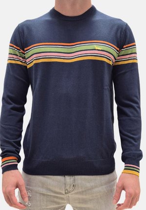 Maglione navy in tessuto a maglia, con strisce orizzontali arancioni, verdi, rosa e gialle, e un piccolo logo sul petto.