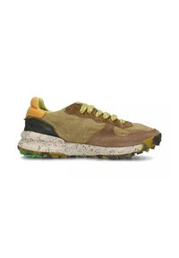 Green and brown sneaker with a fabric upper, suede accents, speckled sole, and textured rubber tread. Features lime green laces.