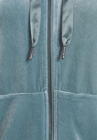 Sammet zip-up jacka i teal. Har en central metallblixtlås med tygdragkedjor och en slät, glänsande yta. Sömdetaljer finns.