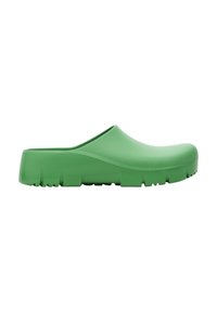 Green rubber clog with a smooth finish, rounded toe, and textured sole featuring small grooves for grip. Lightweight and slip-on design.
