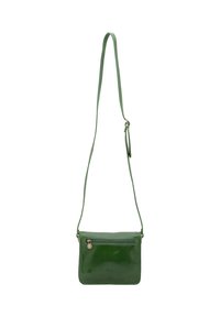 Borsa a tracolla verde in pelle con texture liscia, tasca frontale con zip e tracolla regolabile. Forma rettangolare, dettagli hardware minimi.
