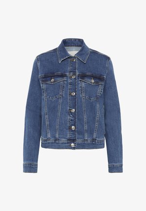 Niebieska kurtka dżinsowa z kołnierzem, zapięciem na guziki, dwiema kieszeniami na piersi i detalami w stębnowaniu. Długie rękawy z mankietami na guziki.