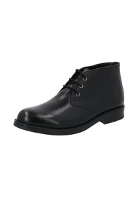 Stivaletto in pelle nera con finitura liscia, punta arrotondata, chiusura con lacci e tacco piccolo. Presenta occhielli metallici per i lacci.