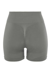 Hoge taille, effen donkergrijze shorts met een geribbelde tailleband, soepele textuur en een uitsnijding aan de achterkant.