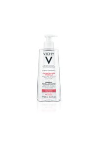 Clear bottle of Vichy Mineral Micellar Water with a pump. Features black and pink text on a white label. Contains 400 ml of micellar water.