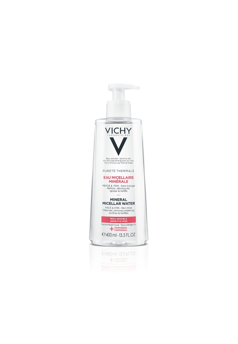Clear bottle of Vichy Mineral Micellar Water with a pump. Features black and pink text on a white label. Contains 400 ml of micellar water.