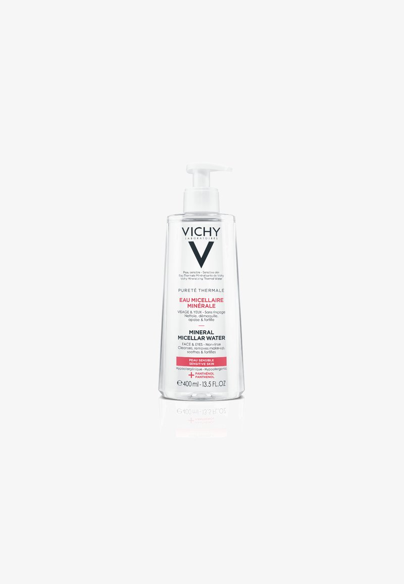 Clear bottle of Vichy Mineral Micellar Water with a pump. Features black and pink text on a white label. Contains 400 ml of micellar water.