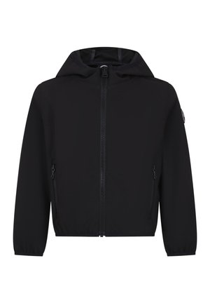 Giacca nera con cappuccio, cerniera frontale, tasche laterali con cerniera, polsini elastici e toppa con logo sulla manica sinistra.