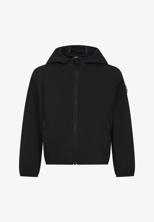 Czarna kurtka z kapturem, z suwakiem z przodu, zamykanymi kieszeniami po bokach, elastycznymi mankietami i naszywką z logo na lewym rękawie.