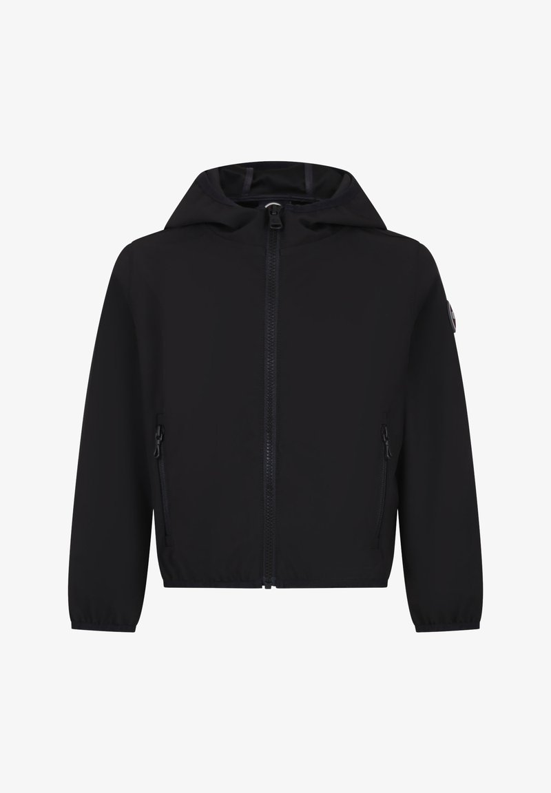 Giacca nera con cappuccio, cerniera frontale, tasche laterali con cerniera, polsini elastici e toppa con logo sulla manica sinistra.