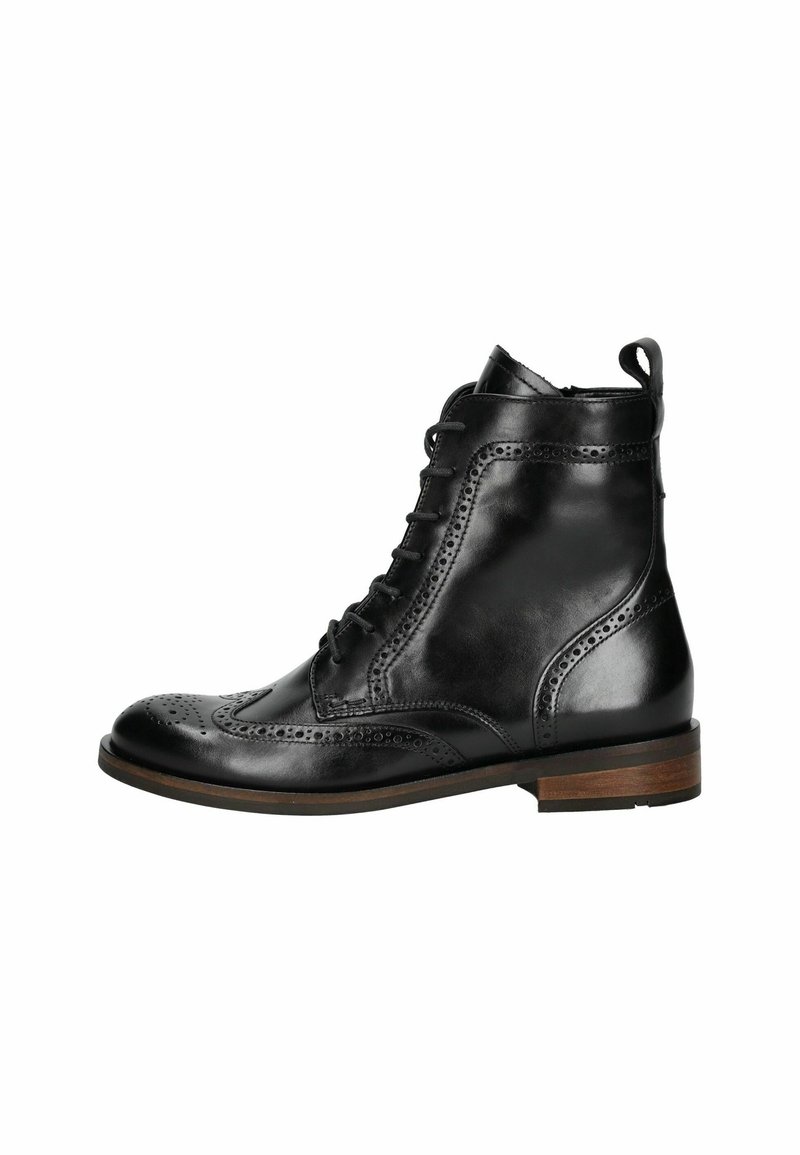 Bottine noire en cuir avec détails brogue, fermeture à lacets à l'avant, languette au talon et semelle en bois.