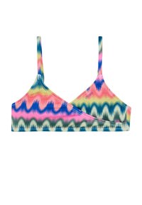 Kleurvolle bikinitop met een zigzagpatroon in roze, blauw en groen, voorzien van verstelbare bandjes en een zachte, rekbare stof.