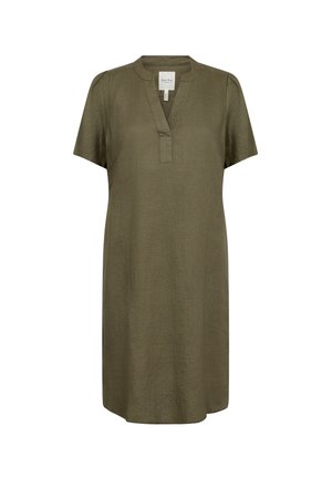 Kratke rokavice v olivno zeleni laneni tkanini, z v-izrezom in stranskimi žepi. Ravno krojena in sproščena, primerna za sproščeno nošenje.