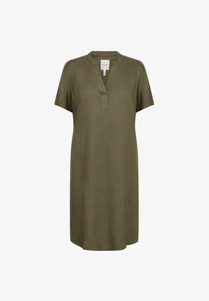 Šaty s krátkym rukávom v olivovo zelenej ľanovej látke, s výstrihom do V a postrannými vreckami. Priamy strih a voľný strih, vhodné na bežné nosenie.