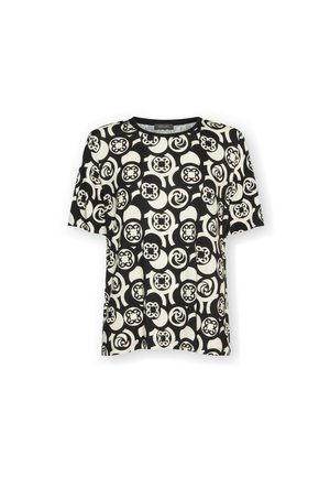 Czarna i biała koszulka z krótkim rękawem z geometrycznym wzorem zawijanych linii i kół. Wykonana z miękkiej tkaniny, z okrągłym dekoltem.